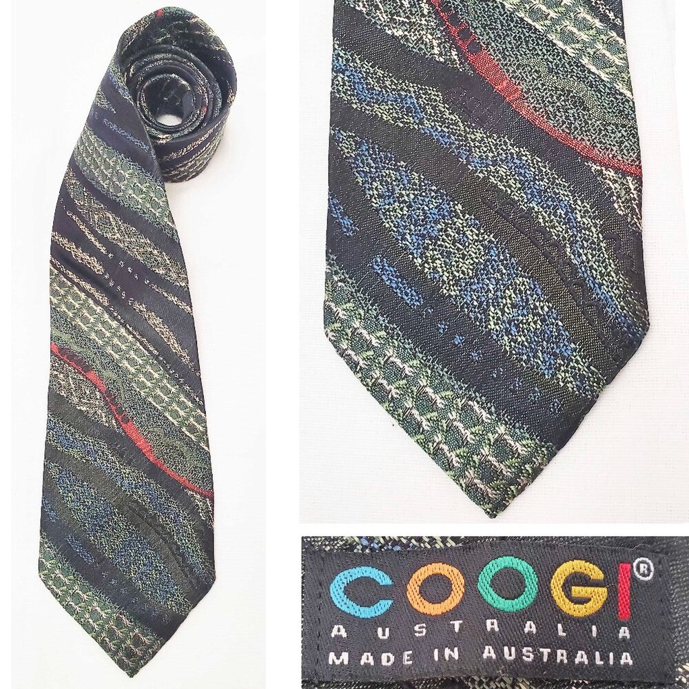 COOGI Men's Vintage Silk Green Black Abstract Pattern Neck Tie Australia